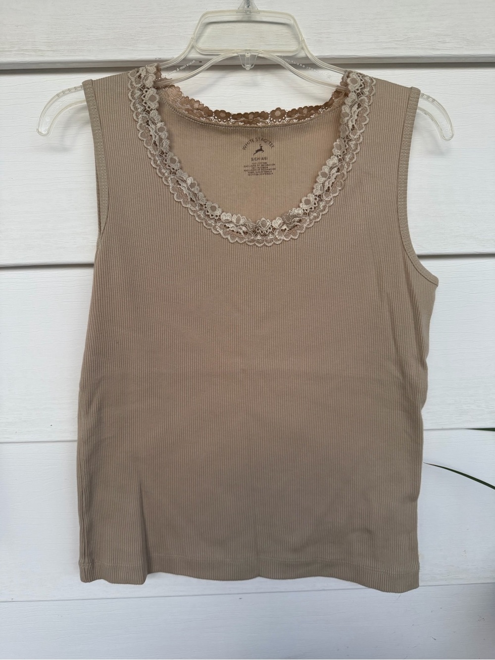 White Stag Beige Ribbed Lace Trim Tank Top Size Small 4/6